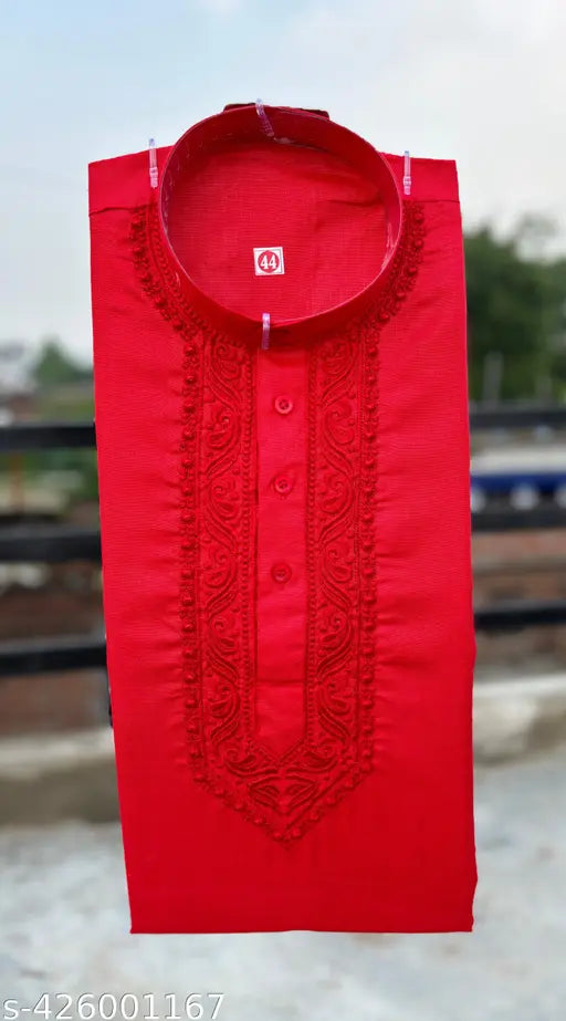 Cotton Embroidered Kurta for Men (Red)